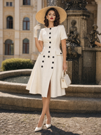 Vintage Cream Round Neck Button Front Split Midi Dress