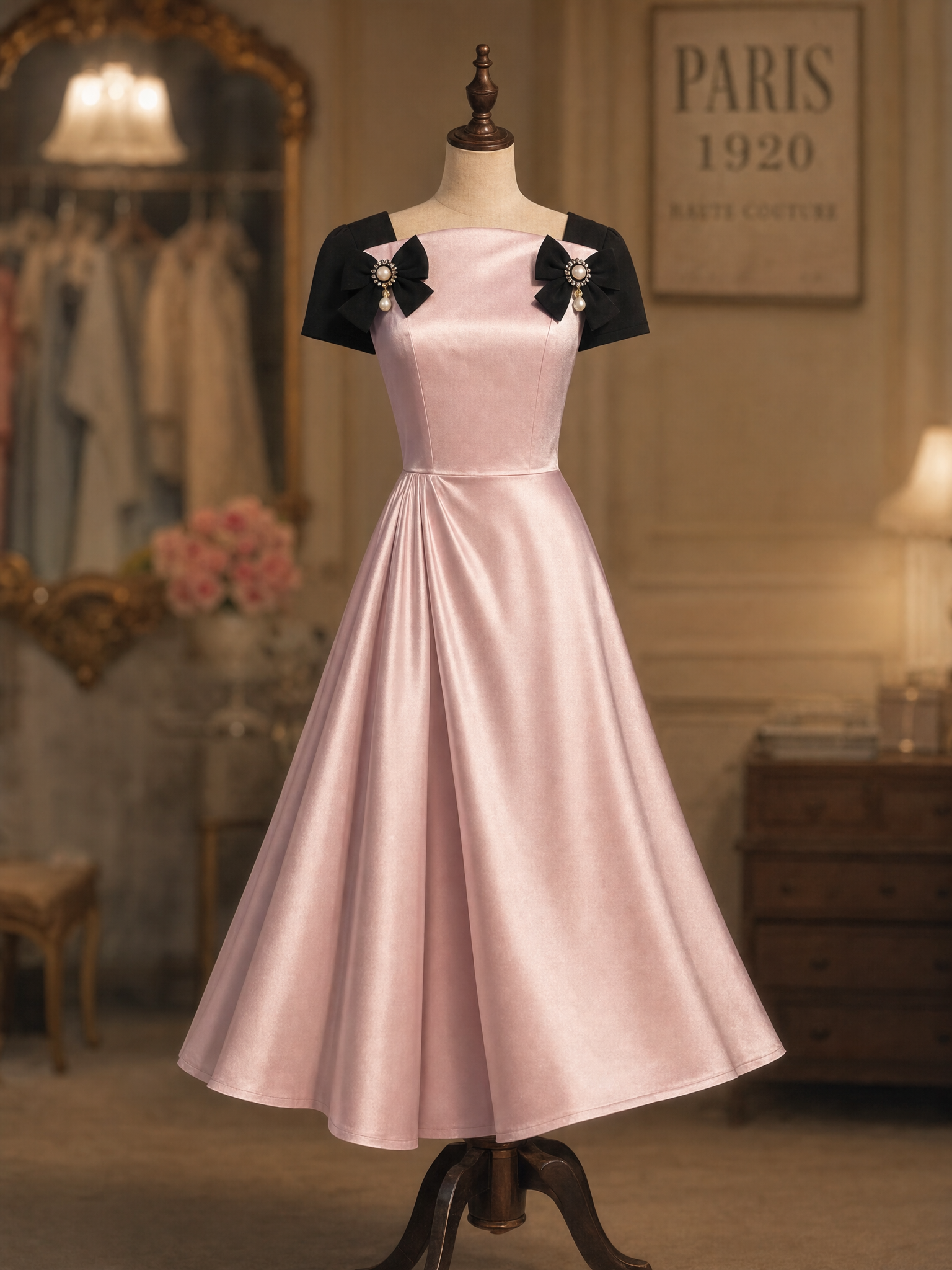 Vintage Pink Satin Black Short Sleeve Pearl Bow Swing Midi Dress