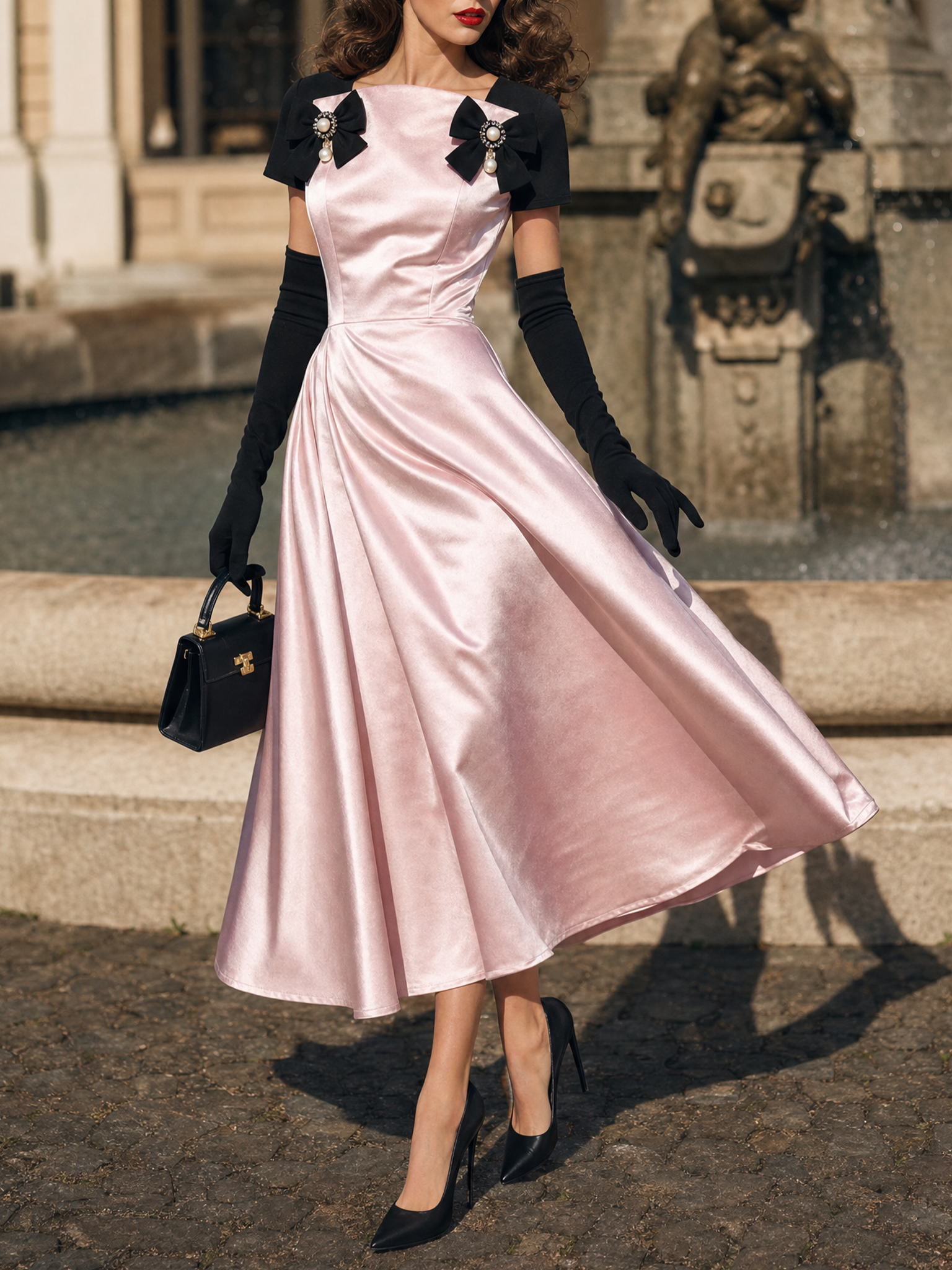 Vintage Pink Satin Black Short Sleeve Pearl Bow Swing Midi Dress