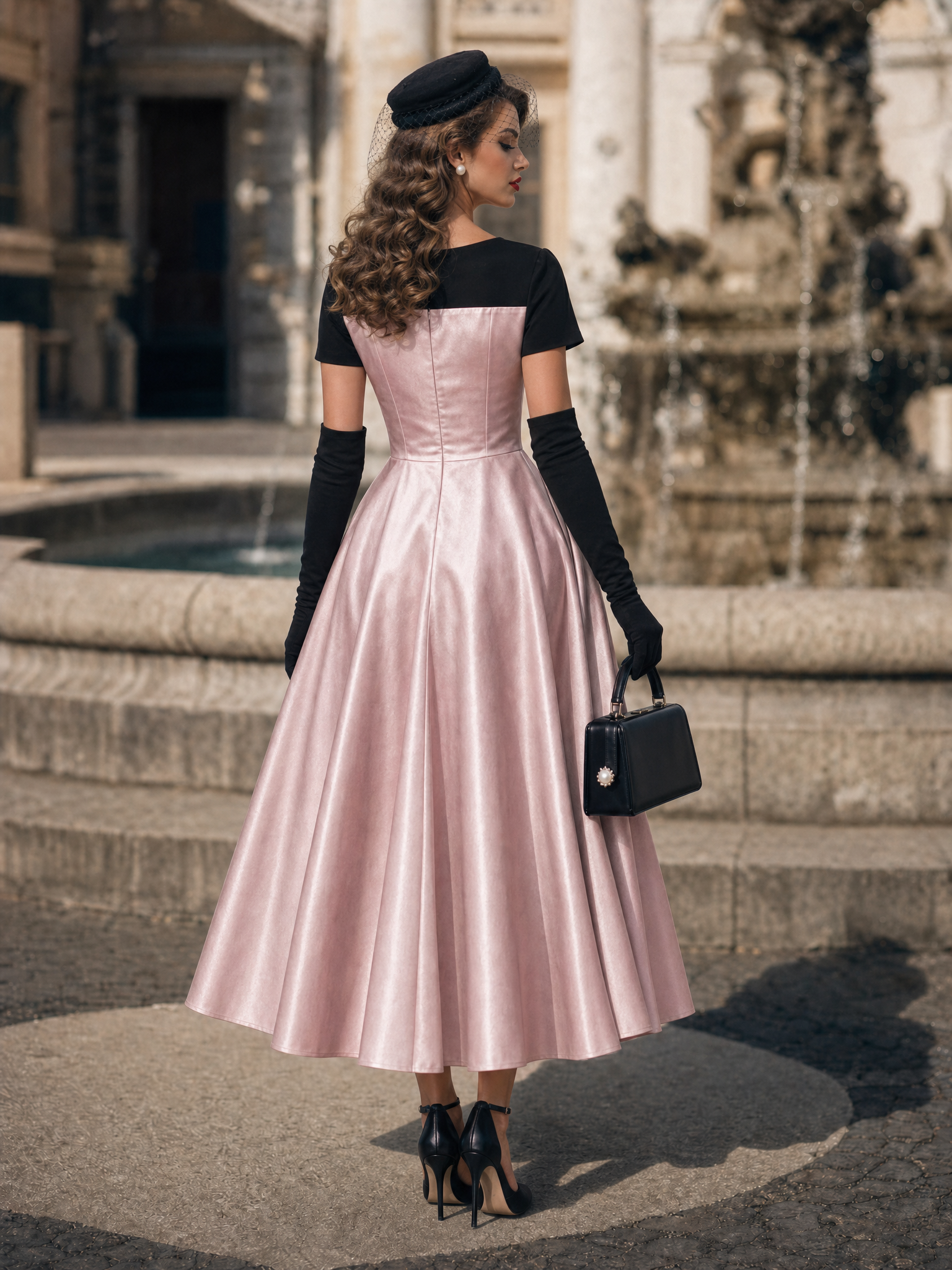 Vintage Pink Satin Black Short Sleeve Pearl Bow Swing Midi Dress