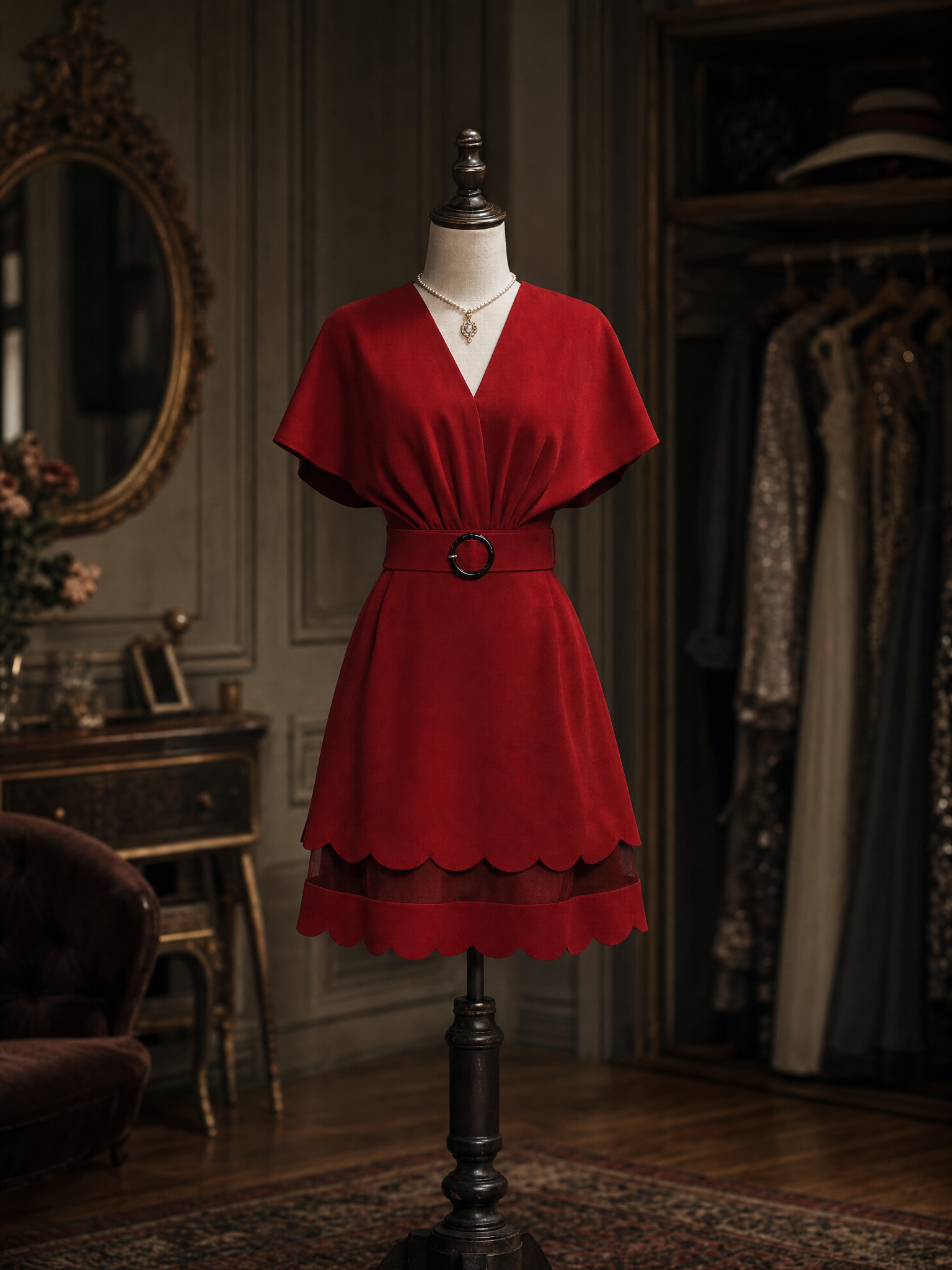 Vintage Red V Neck Cape Sleeve Belted Scalloped Hem Mini Dress