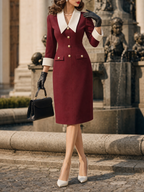 Vintage Burgundy Contrast Lapel Button Pocket Midi Dress