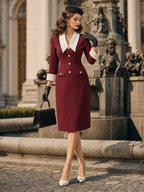 Vintage Burgundy Contrast Lapel Button Pocket Midi Dress