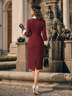 Vintage Burgundy Contrast Lapel Button Pocket Midi Dress