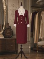 Vintage Burgundy Contrast Lapel Button Pocket Midi Dress