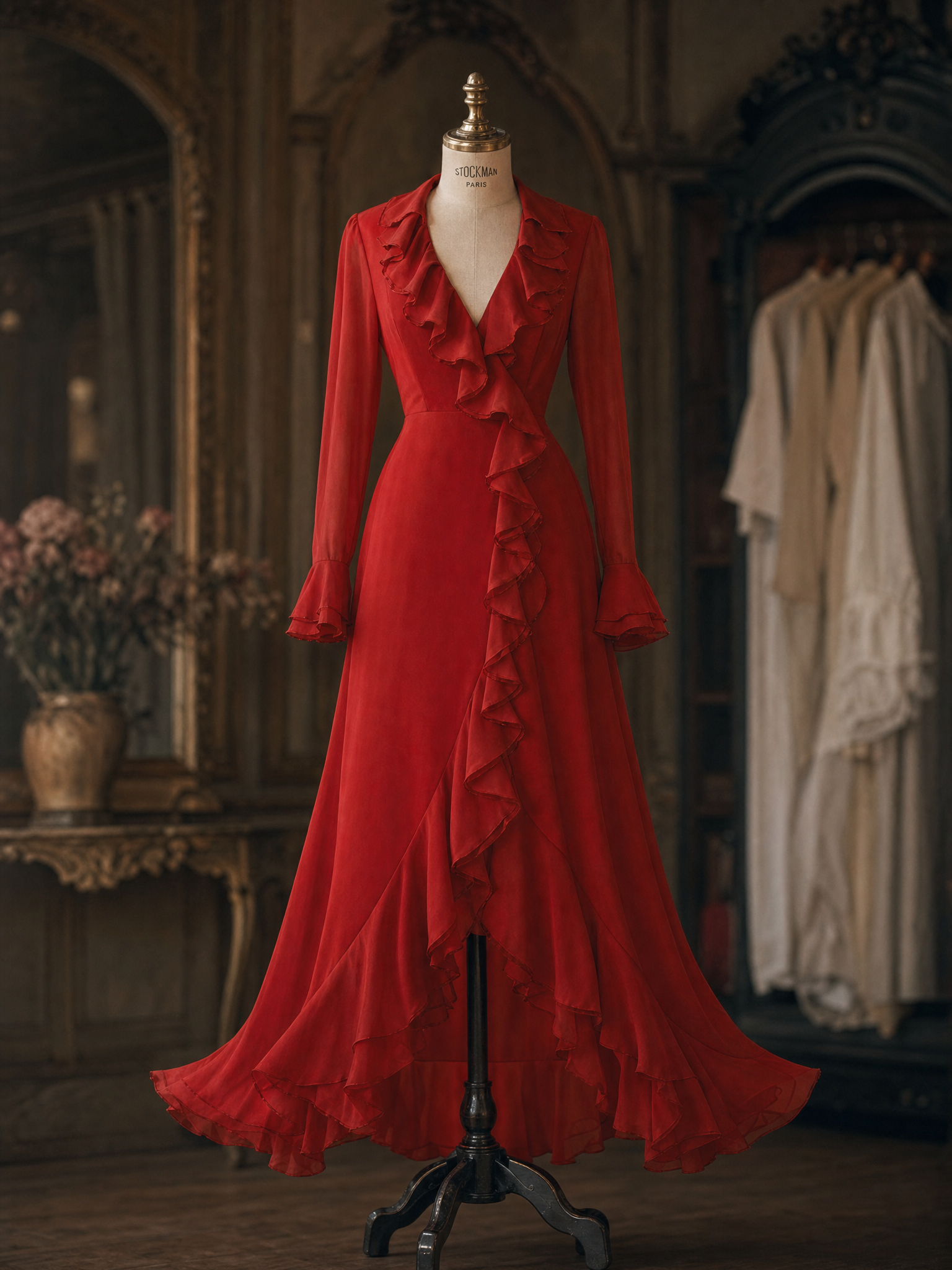 Vintage Red Chiffon V Neck Ruffled Long Sleeve Maxi Dress