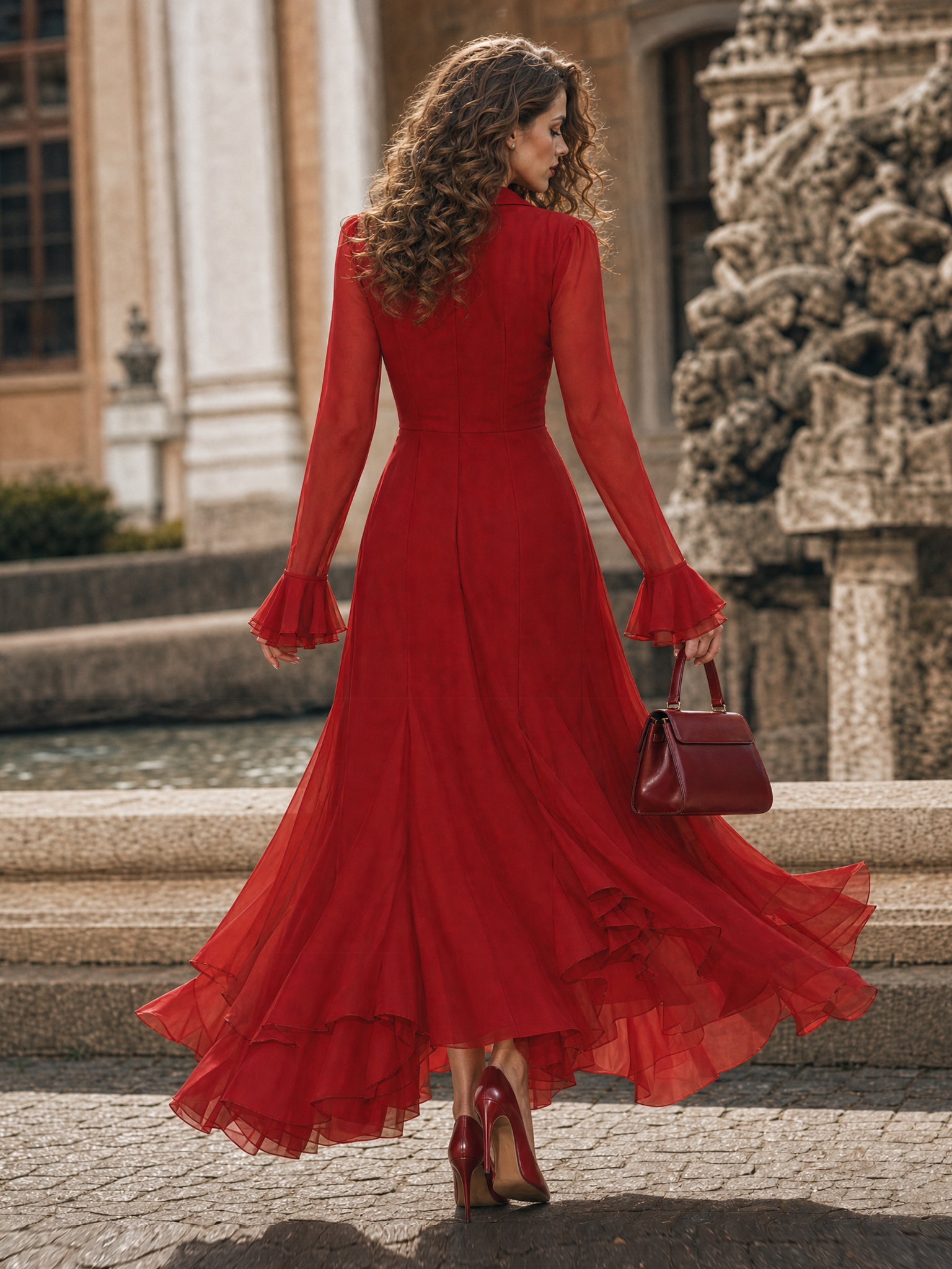 Vintage Red Chiffon V Neck Ruffled Long Sleeve Maxi Dress