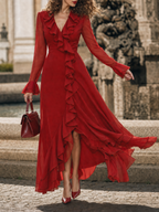 Vintage Red Chiffon V Neck Ruffled Long Sleeve Maxi Dress