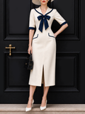 Vintage Sailor Collar Bow Tie Midi Dress