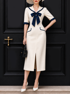 Vintage Sailor Collar Bow Tie Midi Dress
