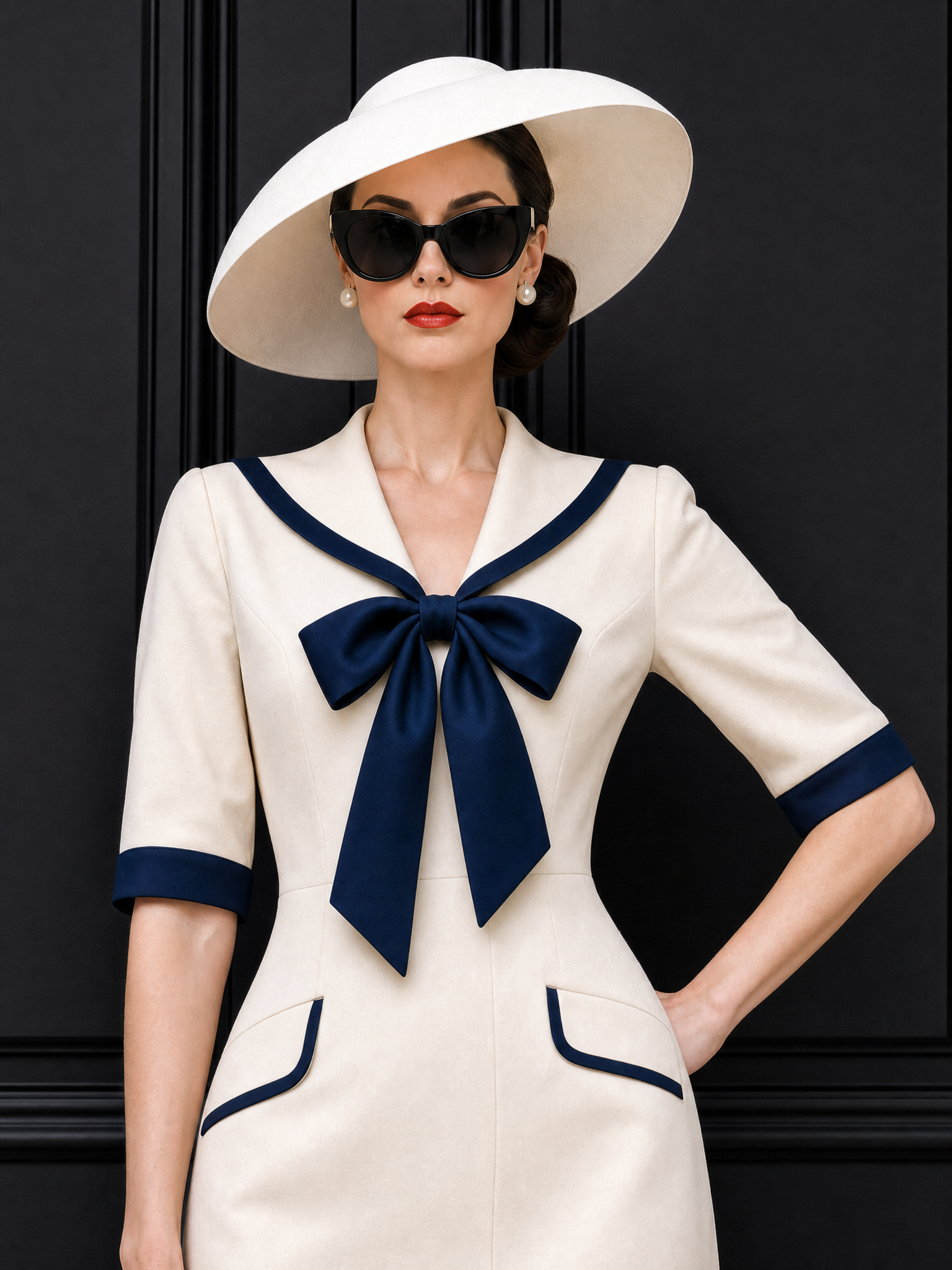 Vintage Sailor Collar Bow Tie Midi Dress