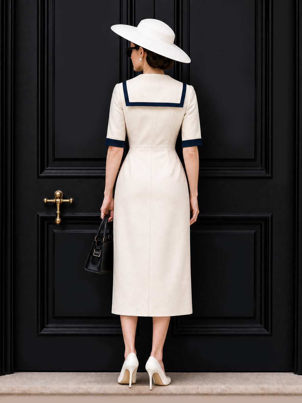 Vintage Sailor Collar Bow Tie Midi Dress