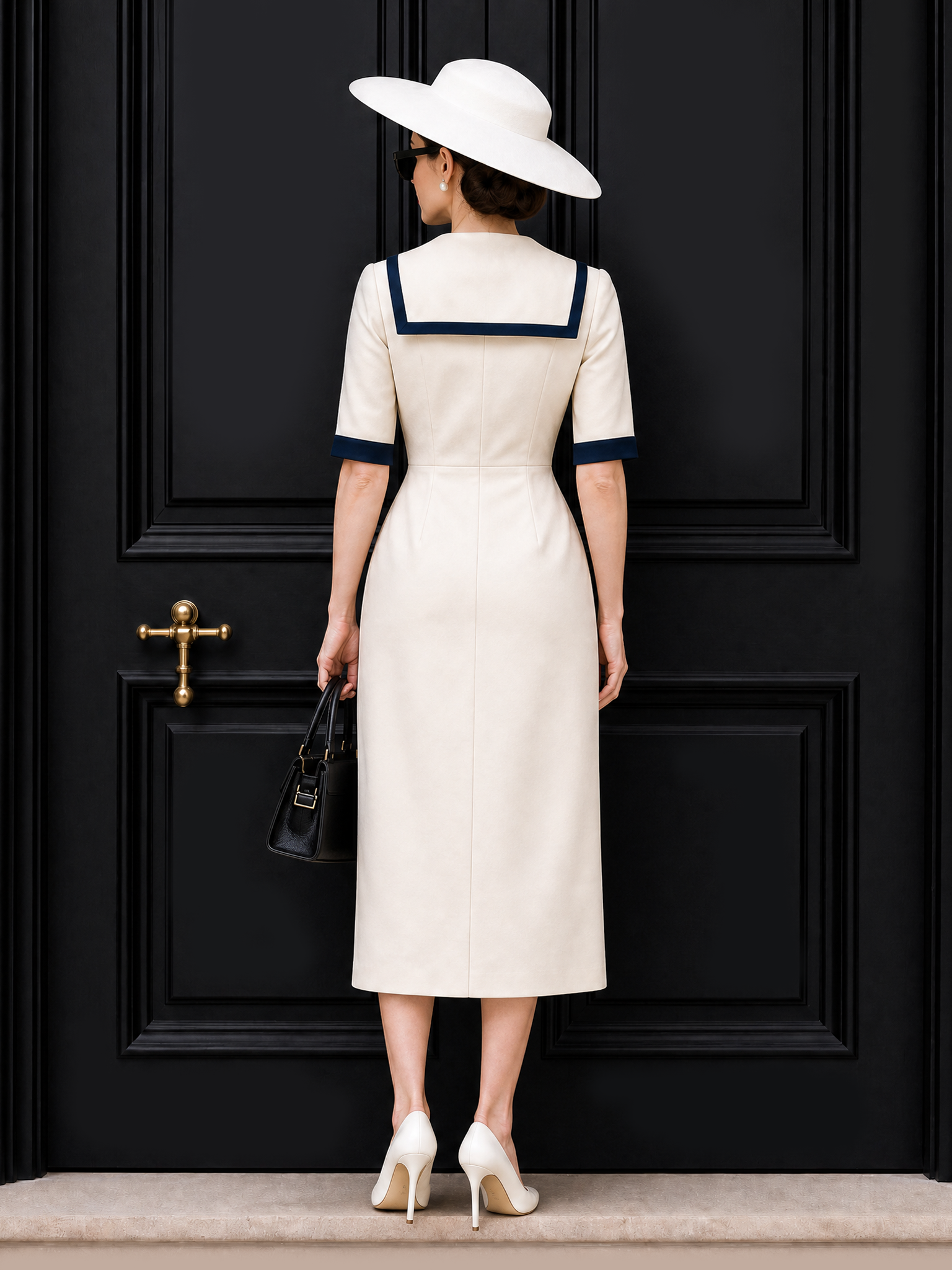 Vintage Sailor Collar Bow Tie Midi Dress