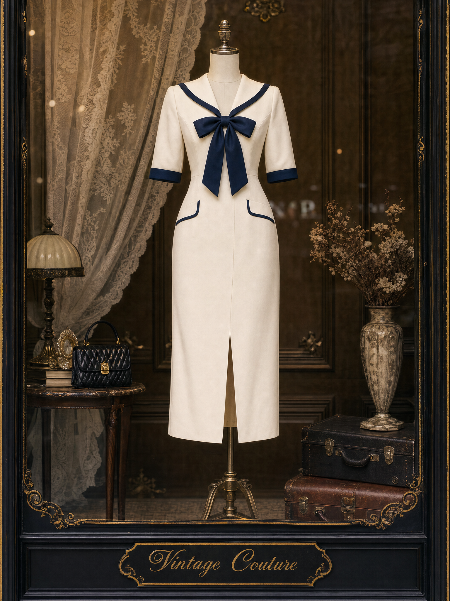 Vintage Sailor Collar Bow Tie Midi Dress