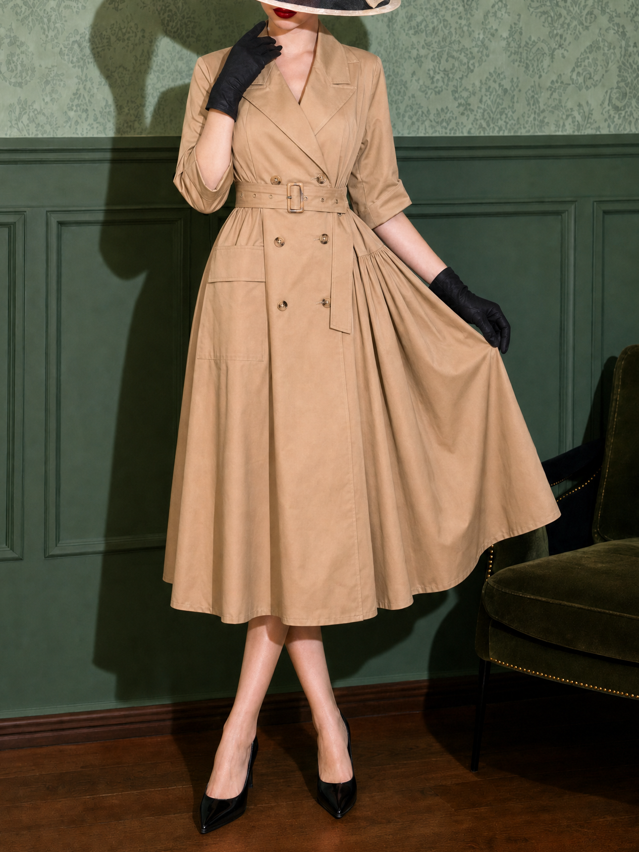 Vintage Trench Asymmetric Swing Midi Dress