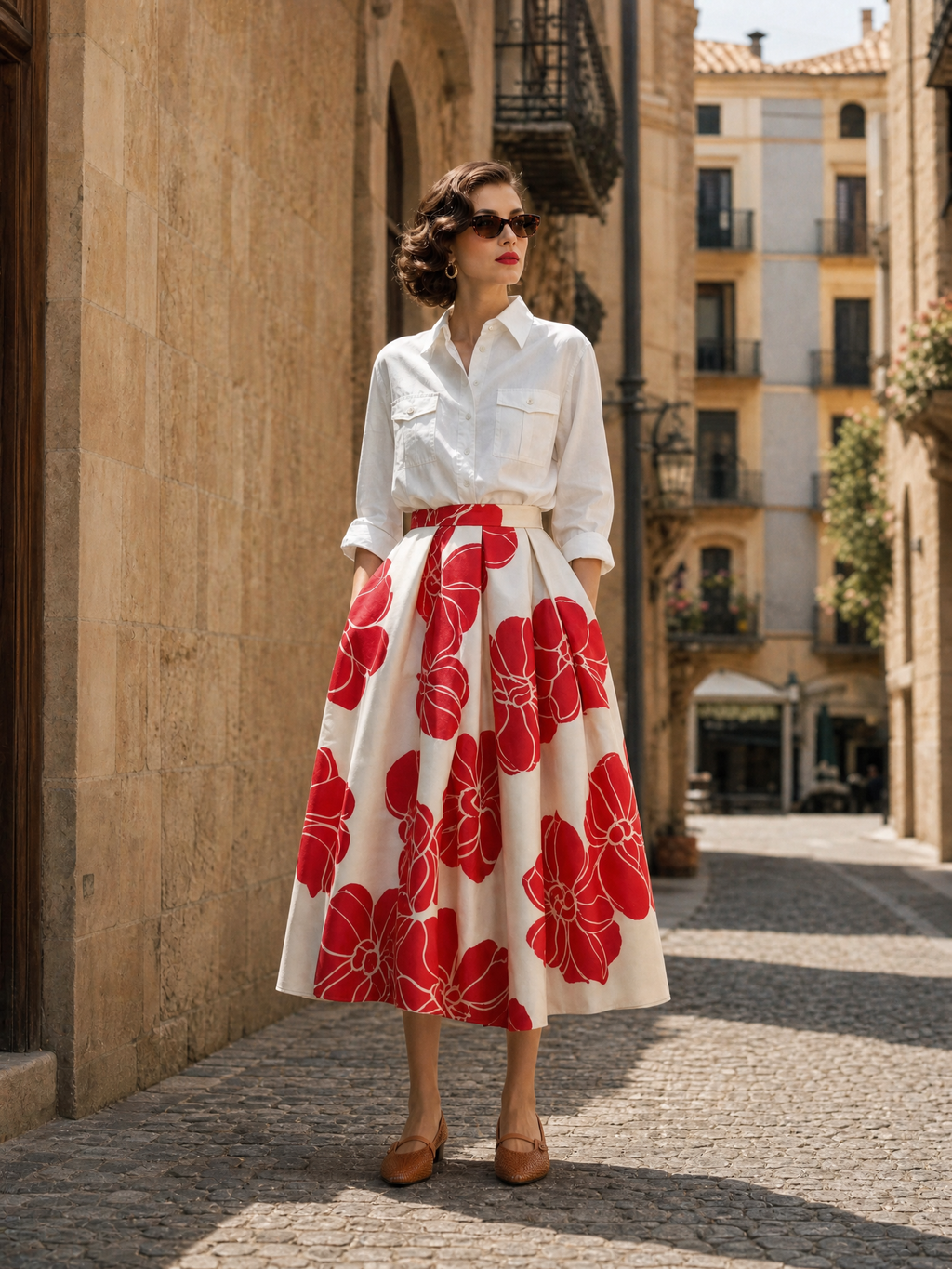 Vintage Floral Print High-Waist Box-Pleated A-Line Midi Skirt