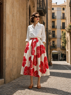Vintage Floral Print High-Waist Box-Pleated A-Line Midi Skirt
