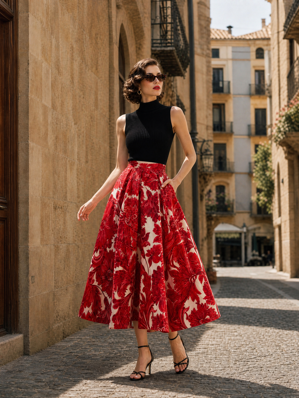 Vintage Baroque Floral Box-Pleated A-Line Midi Skirt