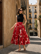 Vintage Baroque Floral Box-Pleated A-Line Midi Skirt