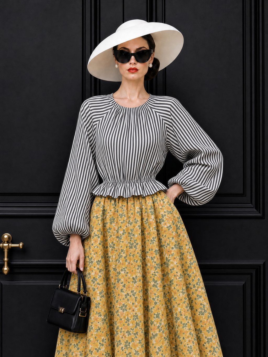 Vintage Striped Crew Neck Lantern Sleeve Blouse