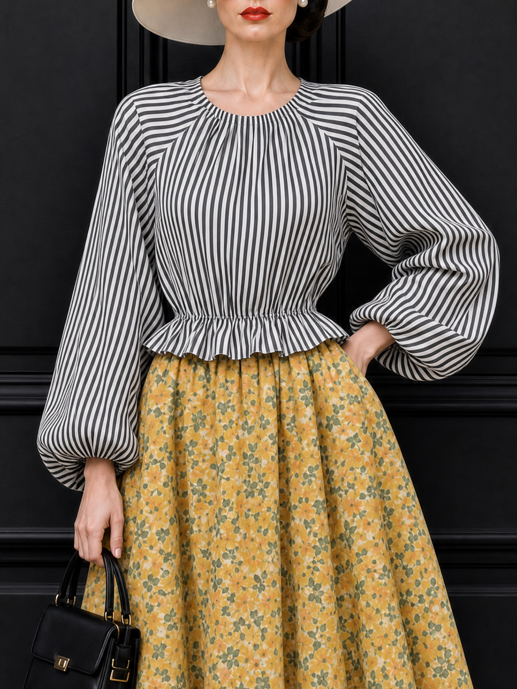 Vintage Striped Crew Neck Lantern Sleeve Blouse