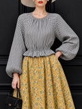 Vintage Striped Crew Neck Lantern Sleeve Blouse