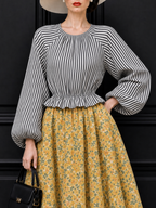 Vintage Striped Crew Neck Lantern Sleeve Blouse