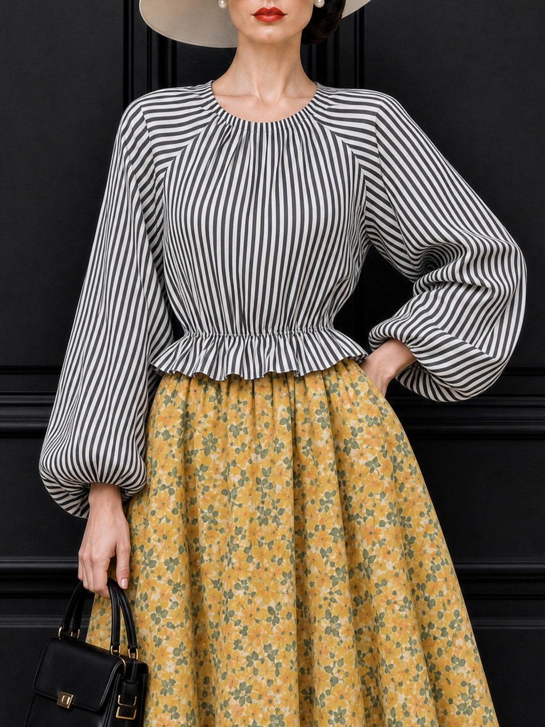 Vintage Striped Crew Neck Lantern Sleeve Blouse