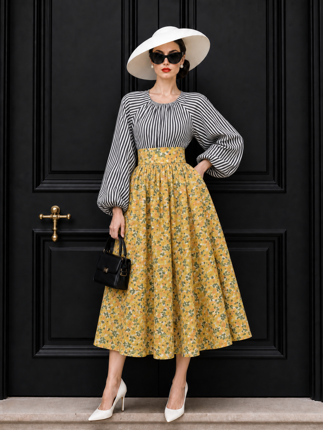Vintage Tiny Floral Print High Waist Full Maxi Skirt