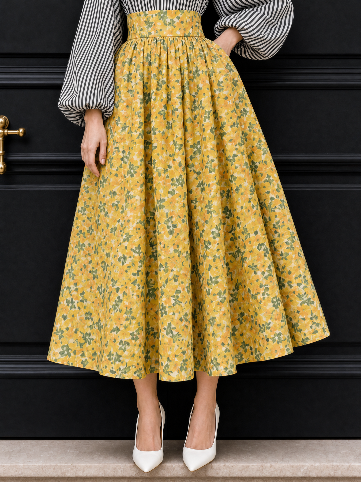 Vintage Tiny Floral Print High Waist Full Maxi Skirt