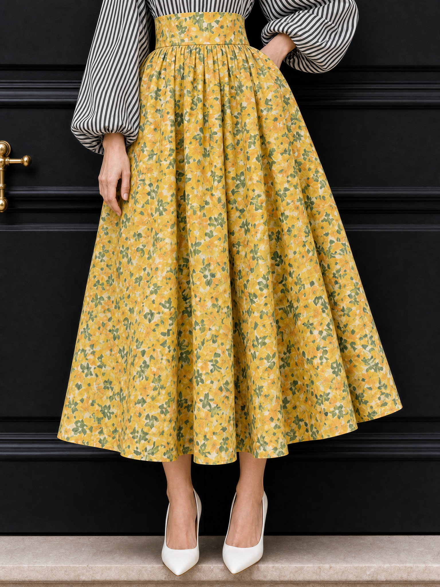 Vintage Tiny Floral Print High Waist Full Maxi Skirt