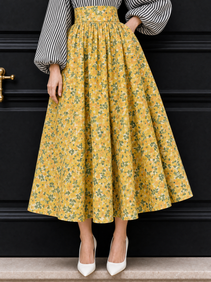 Vintage Tiny Floral Print High Waist Full Maxi Skirt