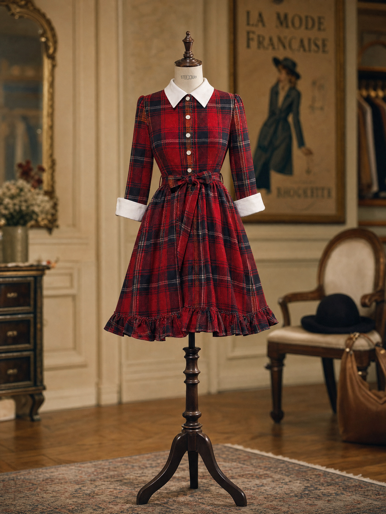 Vintage Red Tartan Collared Belted Ruffle Hem Midi Dress