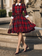 Vintage Red Tartan Collared Belted Ruffle Hem Midi Dress