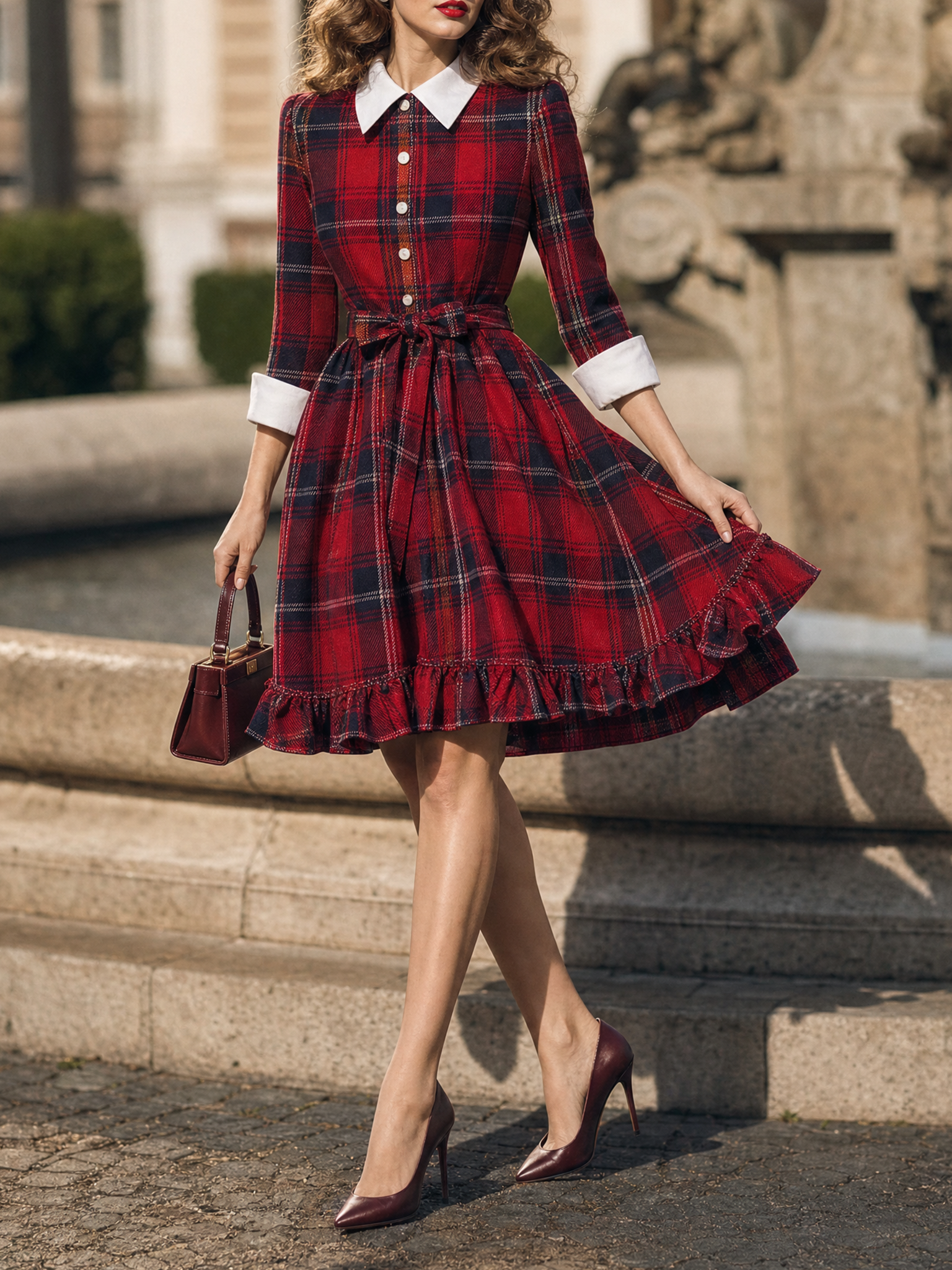 Vintage Red Tartan Collared Belted Ruffle Hem Midi Dress