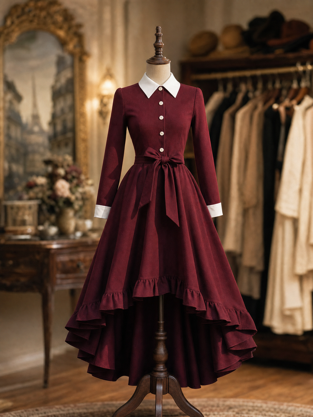 Vintage Lapel Button Front Waist Tie Irregular Ruffle Midi Dress