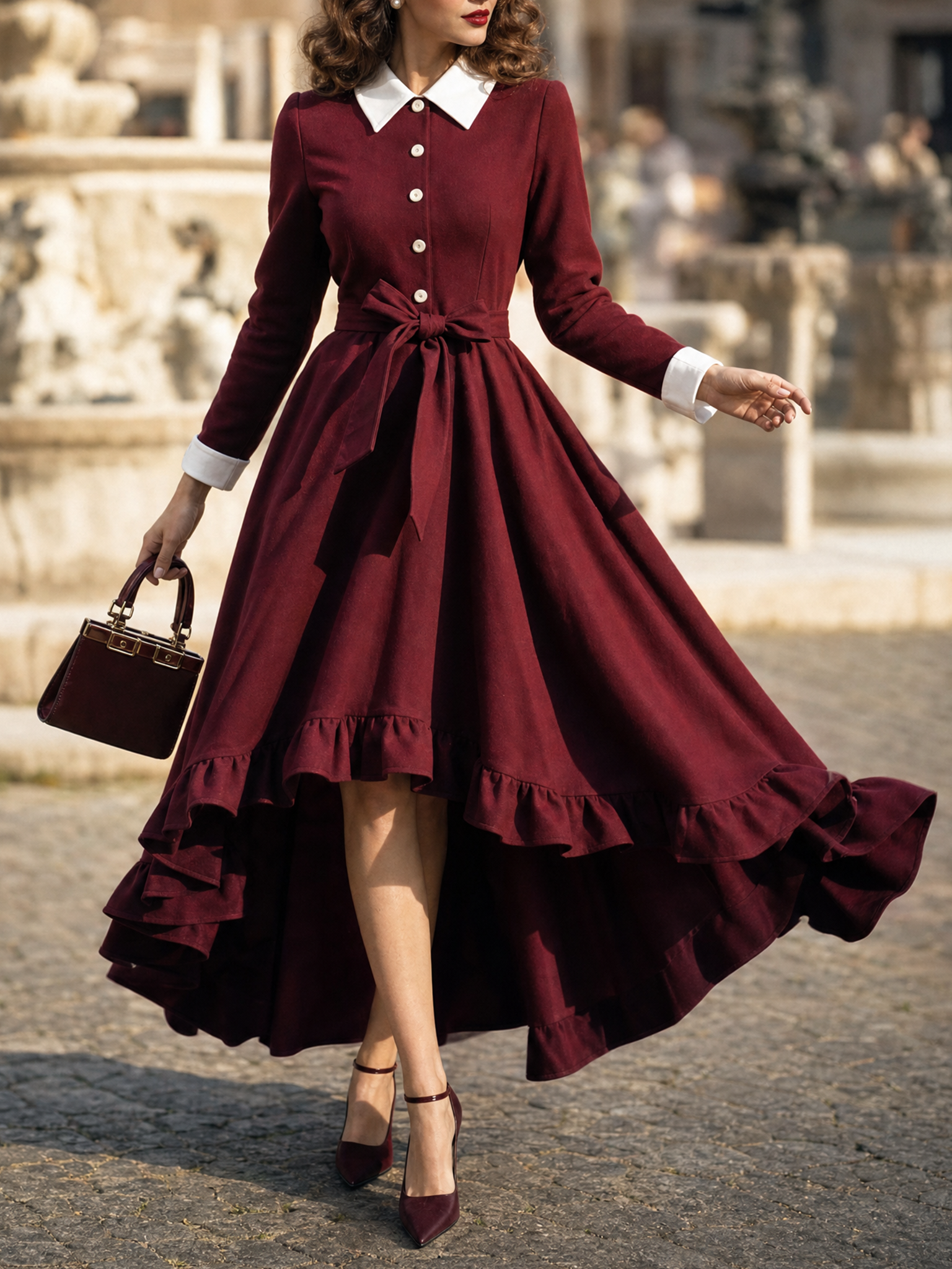 Vintage Lapel Button Front Waist Tie Irregular Ruffle Midi Dress