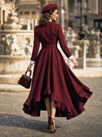 Vintage Lapel Button Front Waist Tie Irregular Ruffle Midi Dress