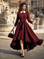 Vintage Lapel Button Front Waist Tie Irregular Ruffle Midi Dress