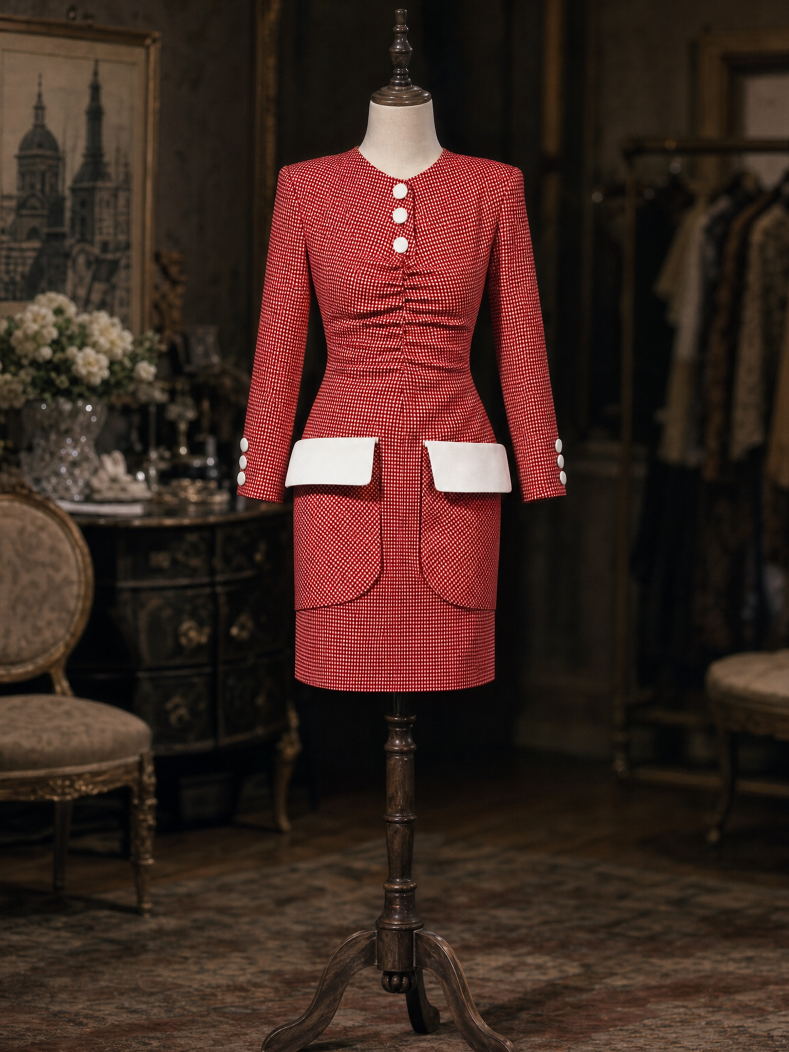 Vintage Red Gingham Ruched Contrast Pocket Bodycon Dress