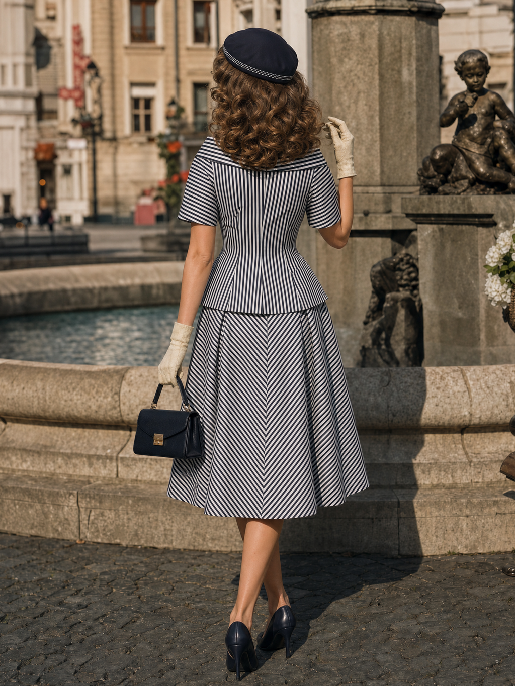 Vintage Striped Off Shoulder Button Top Swing Skirt Set