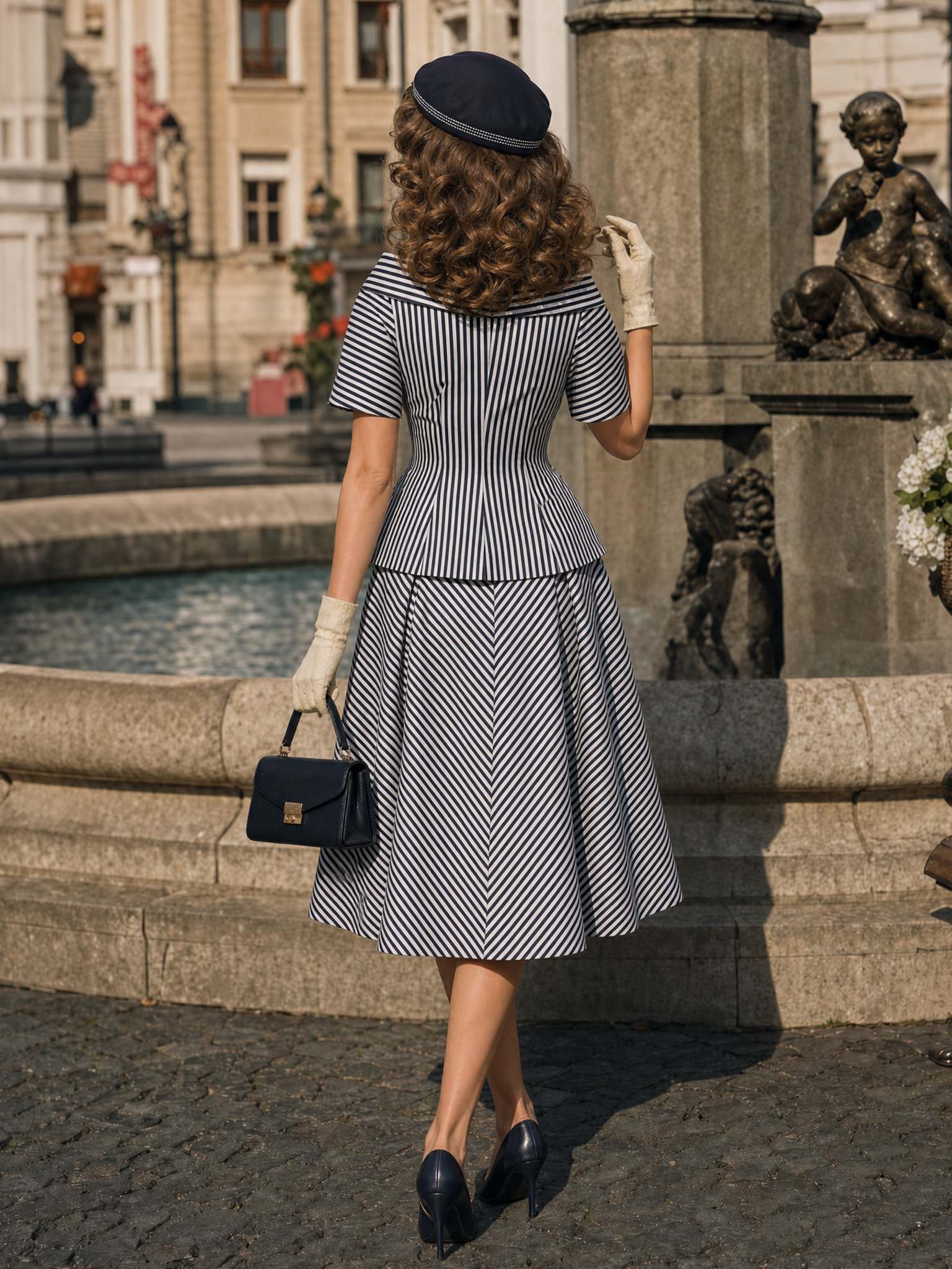 Vintage Striped Off Shoulder Button Top Swing Skirt Set