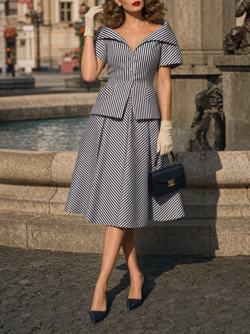 Vintage Striped Off Shoulder Button Top Swing Skirt Set