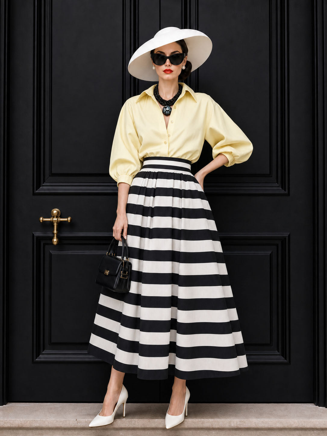 Vintage Thick Stripe High Waist Pleated Maxi Skirt