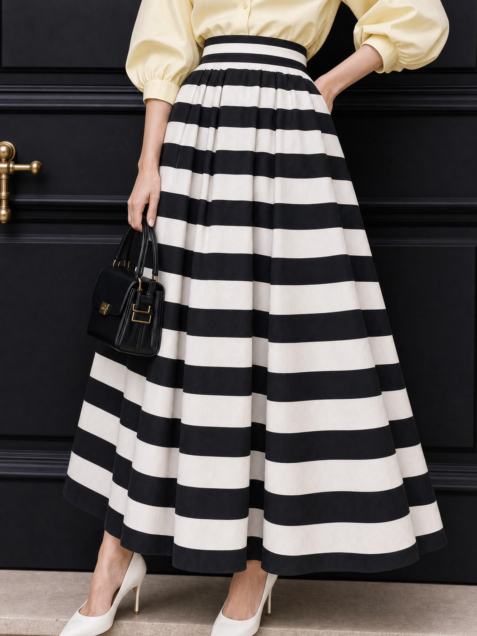 Vintage Thick Stripe High Waist Pleated Maxi Skirt
