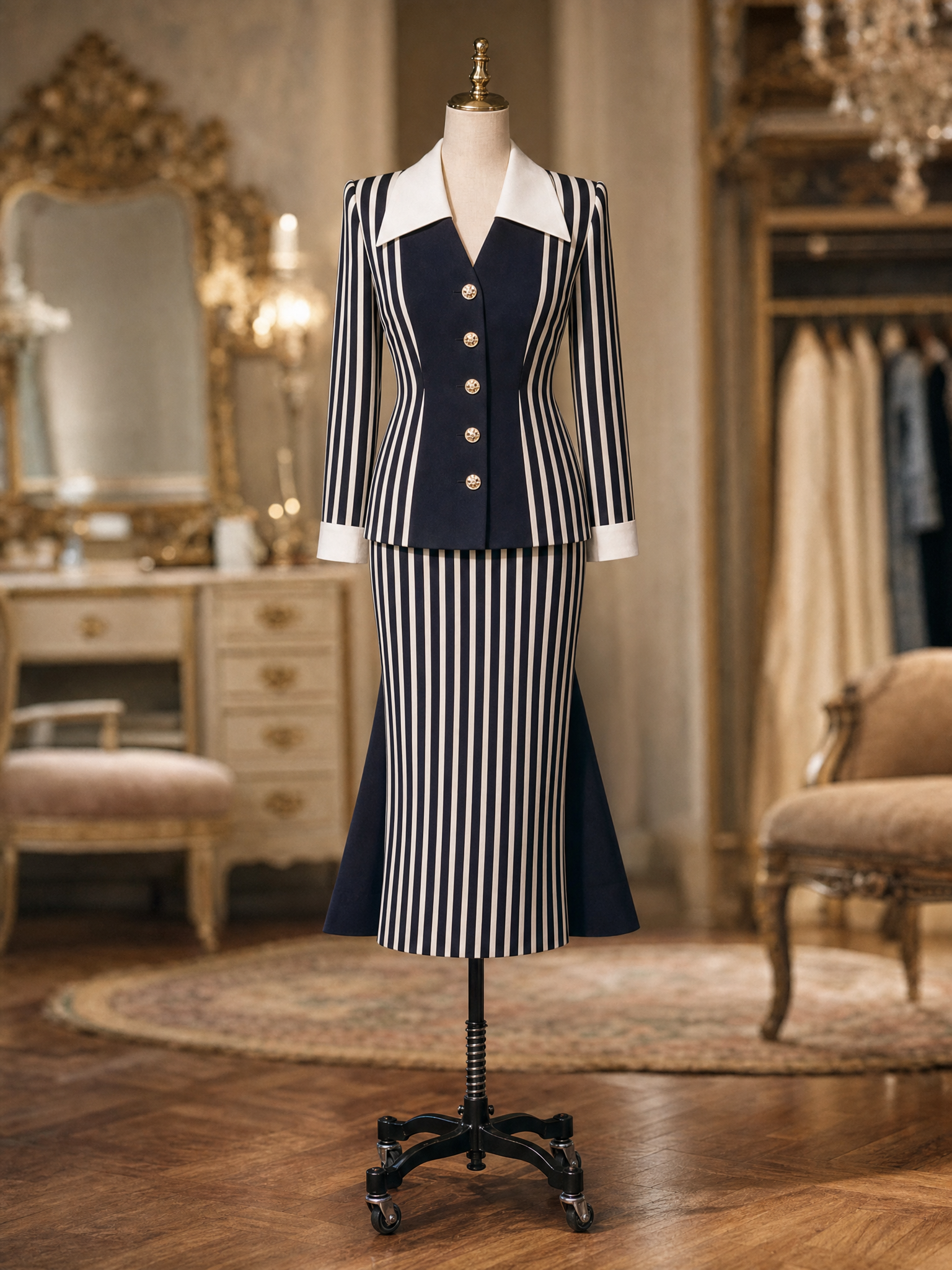 Vintage Striped Contrast Collar Fitted Blazer Midi Skirt Set