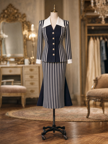 Vintage Striped Contrast Collar Fitted Blazer Midi Skirt Set