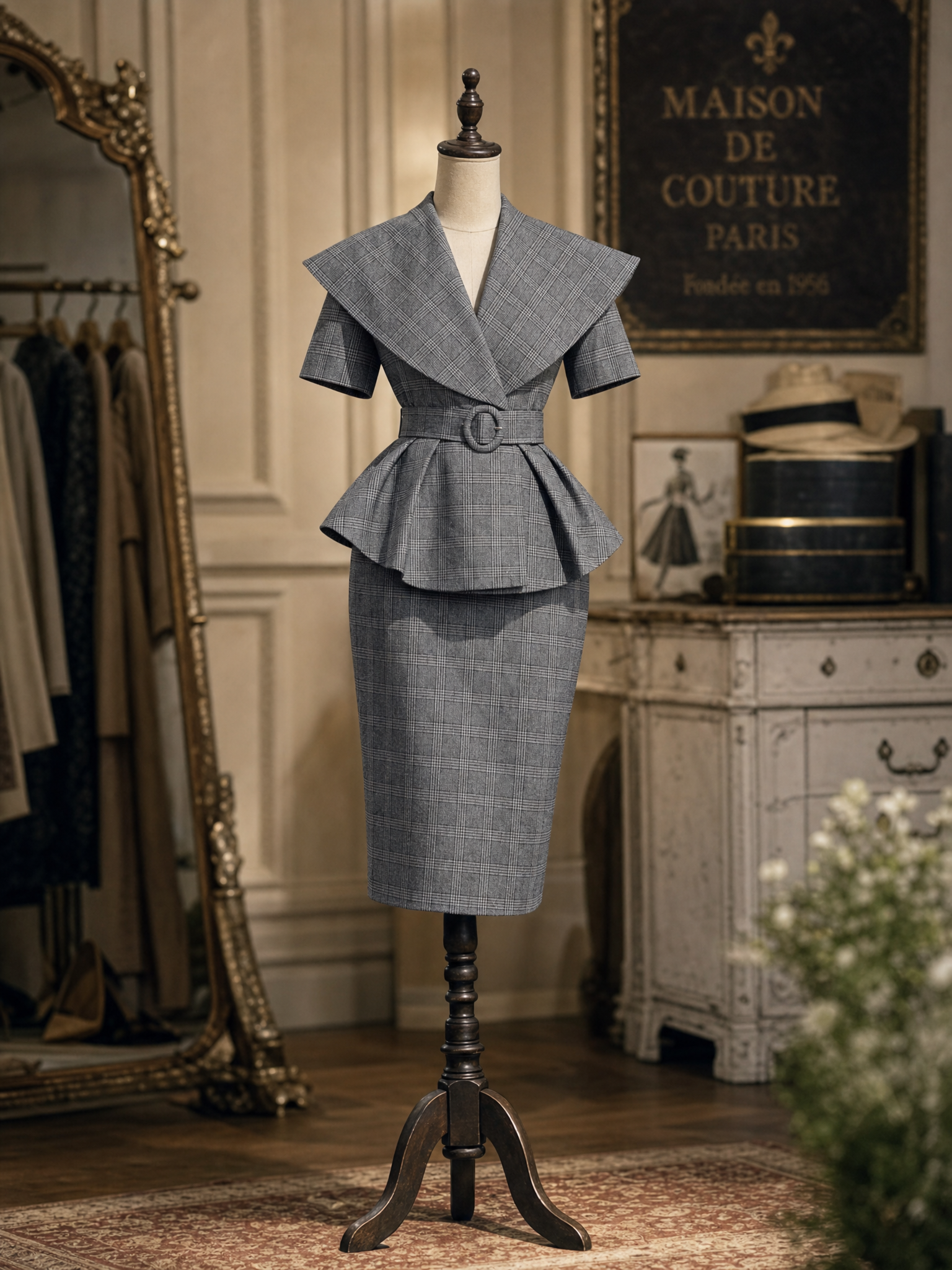 Vintage Grey Check Short Sleeve Waist Belt Pencil Skirt Set