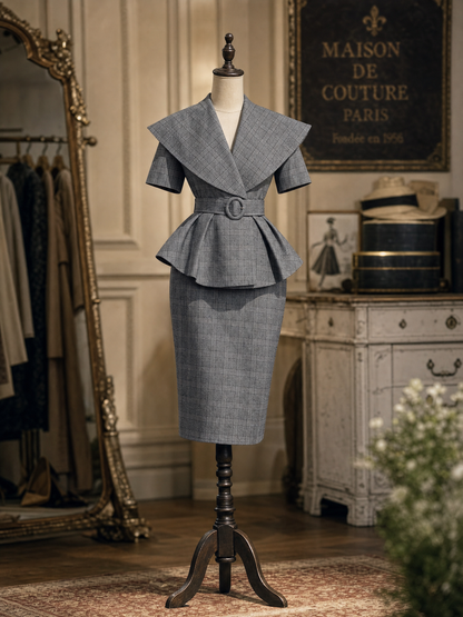 Vintage Grey Check Short Sleeve Waist Belt Pencil Skirt Set