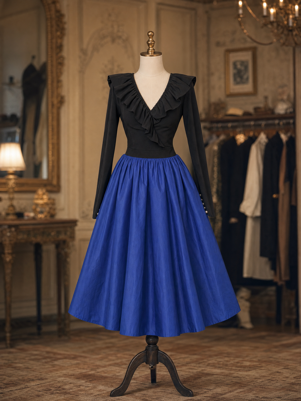 Vintage Contrast Ruffle Collar Swing Midi Dress